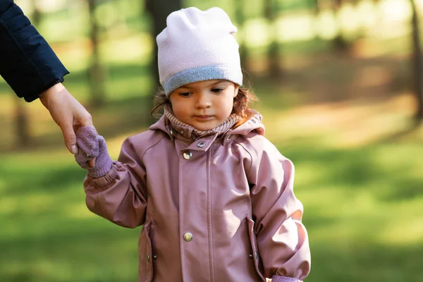 Childhood Leisure People Concept Baby Girl Holding Adults Hand Outdoors — Stock fotografie