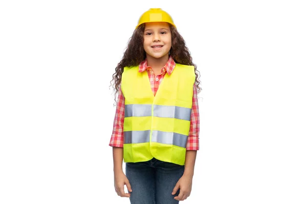Conceito Construção Construção Profissão Menina Sorridente Capacete Protetor Colete Segurança — Fotografia de Stock