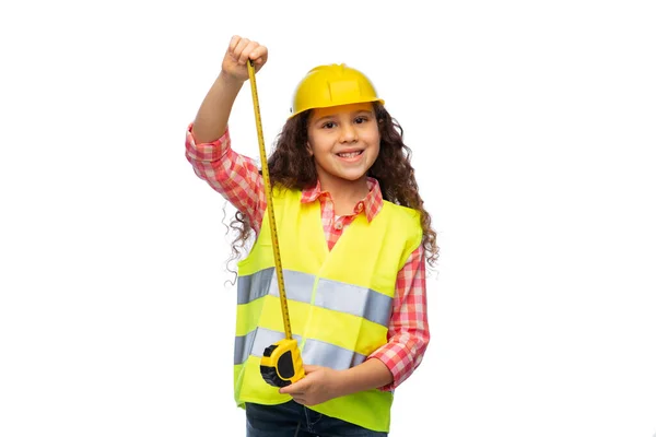 Bau Bau Und Berufskonzept Lächelndes Kleines Mädchen Mit Schutzhelm Und — Stockfoto