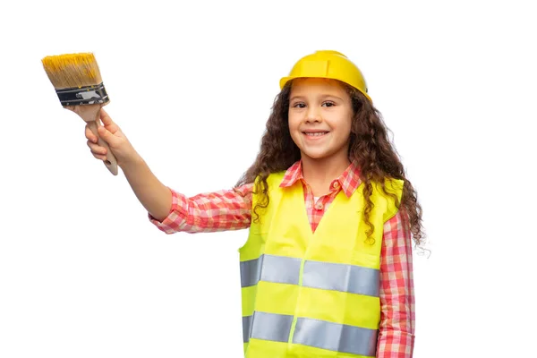 Building Construction Profession Concept Smiling Little Girl Protective Helmet Safety — Stock Photo, Image