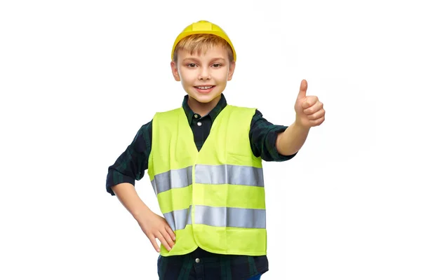 Costruzione Costruzione Professione Concetto Felice Sorridente Bambino Casco Protettivo Giubbotto — Foto Stock