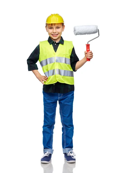 Строительство Строительство Профессия Концепция Счастливый Улыбающийся Мальчик Защитном Шлеме Защитном — стоковое фото