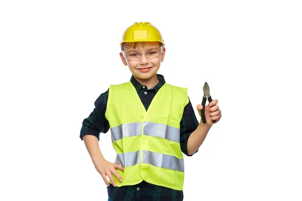 Bouw Bouw Beroep Concept Vrolijke Glimlachende Kleine Jongen Beschermende Helm — Stockfoto