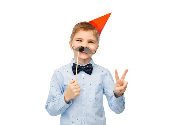 Birthday Childhood People Concept Portrait Little Boy Party Hat Moustache — Stockfoto