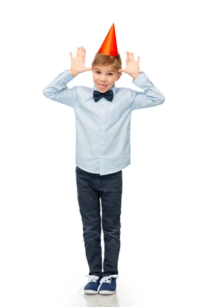 Concepto Cumpleaños Infancia Gente Retrato Niño Sonriente Sombrero Fiesta Corbata —  Fotos de Stock