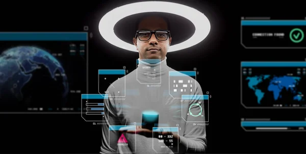 future technology and virtual reality concept - man in glasses with smart speaker under white illumination and hologram on black background