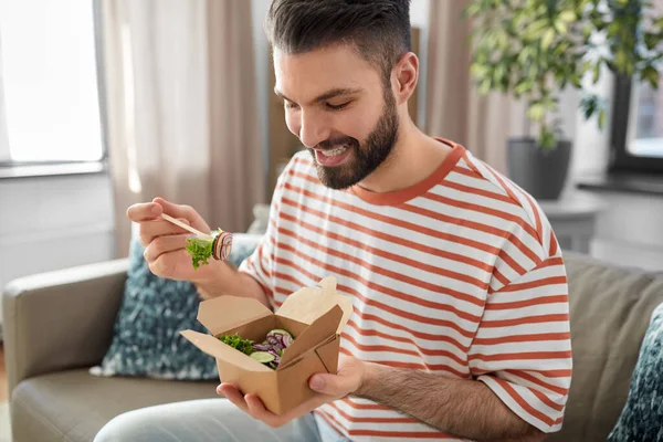 Consumption Delivery People Concept Smiling Man Fork Knife Eating Takeaway — Foto de Stock