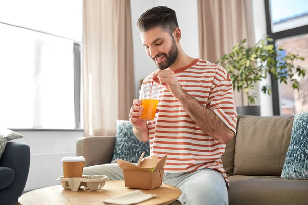 Consumption Delivery People Concept Smiling Man Takeaway Food Drinks Home — Fotografia de Stock