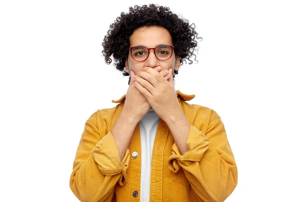 People Emotion Concept Man Glasses Yellow Jacket Covering Mouth Hands — Stock fotografie