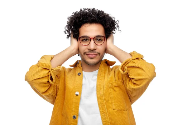 People Noise Stress Concept Man Yellow Jacket Closing Ears Hands — Stock Photo, Image