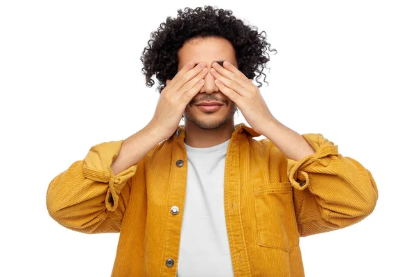 Vision Fear People Concept Man Yellow Jacket Closing His Eyes — Fotografia de Stock