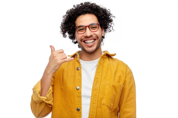 People Fashion Concept Happy Smiling Man Glasses Yellow Jacket Making —  Fotos de Stock