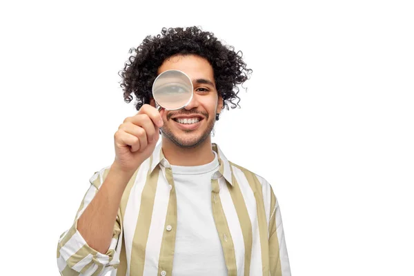 Investigation Discovery Vision Concept Happy Man Looking Magnifying Glass White — Stockfoto