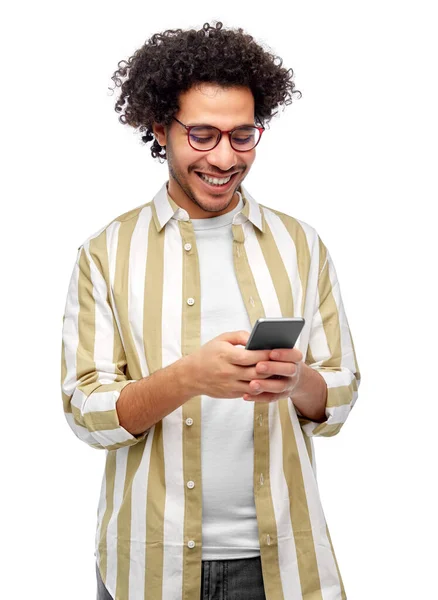 People Technology Concept Happy Smiling Man Glasses Smartphone White Background — ストック写真