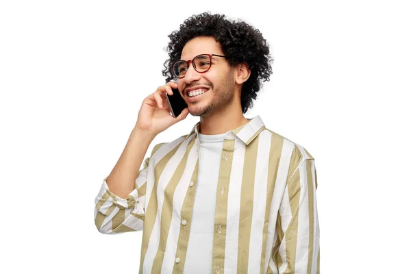 People Communication Technology Concept Happy Smiling Man Glasses Calling Smartphone — Stockfoto