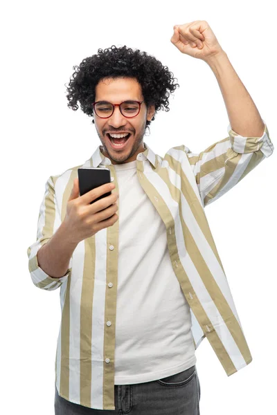 Technology Communication People Concept Happy Smiling Young Man Glasses Smartphone — ストック写真