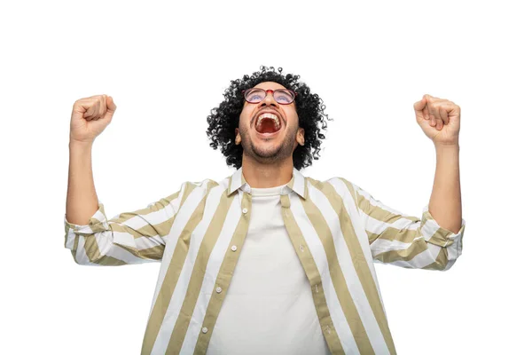 Success Emotion Expression Concept Happy Man Glasses Celebrating Victory White —  Fotos de Stock