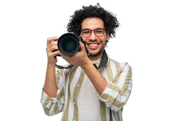 Fotografía Profesión Personas Concepto Feliz Sonriente Hombre Fotógrafo Gafas Con — Foto de Stock