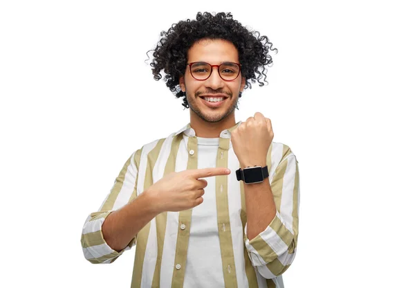 Technology People Concept Smiling Young Man Glasses Showing Smart Watch — Stock fotografie