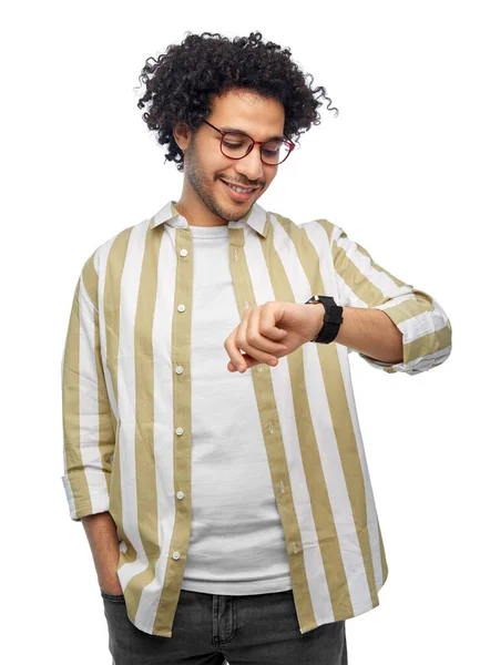 Technology People Concept Smiling Young Man Glasses Smart Watch Grey — Fotografia de Stock