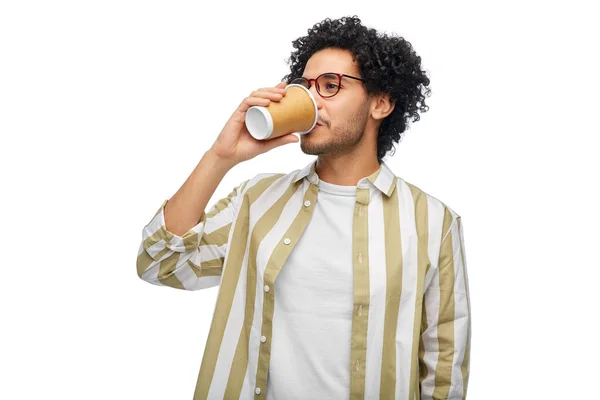 Drinks People Concept Young Man Glasses Drinking Takeaway Coffee Paper — ストック写真