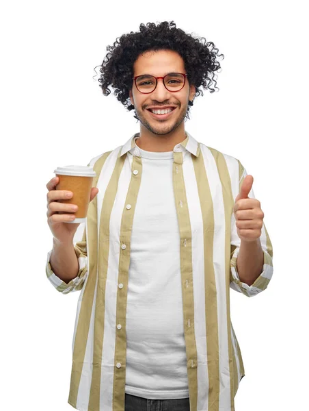 Conceito Bebidas Pessoas Jovem Sorridente Óculos Com Taça Café Takeaway — Fotografia de Stock