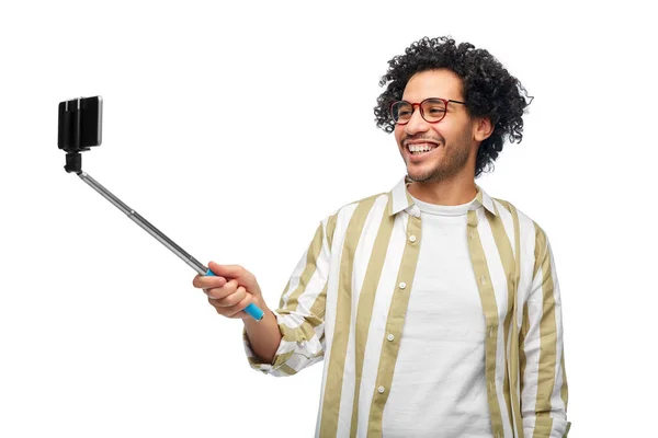 People Concept Happy Smiling Young Man Glasses Taking Picture Smartphone — Fotografia de Stock