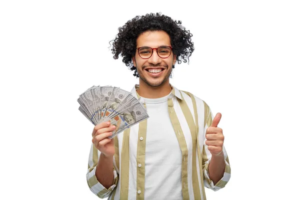 Conceito Finanças Moeda Pessoas Homem Feliz Segurando Centenas Notas Dinheiro — Fotografia de Stock