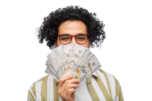 Conceito Finanças Moeda Pessoas Homem Feliz Segurando Centenas Notas Dinheiro — Fotografia de Stock