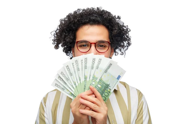 Pénzügy Valuta Ember Koncepció Boldog Ember Kezében Europénz Bankjegyek Fehér — Stock Fotó