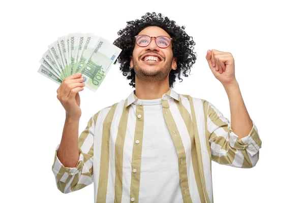 Conceito Finanças Moeda Pessoas Homem Feliz Segurando Centenas Notas Euro — Fotografia de Stock