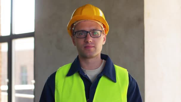 Building Construction Business Profession Concept Happy Smiling Male Builder Helmet — Stockvideo
