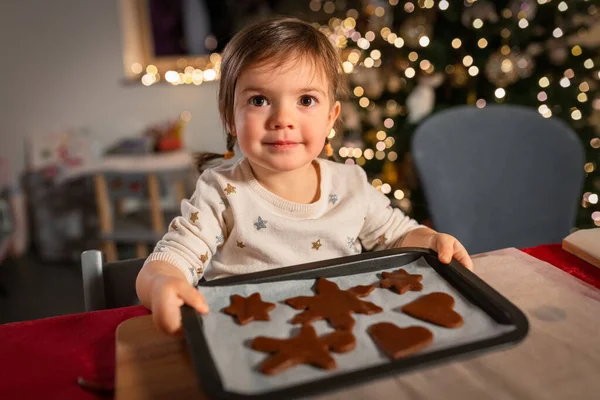 Christmas Cooking Winter Holidays Concept Happy Little Baby Girl Raw — Stockfoto
