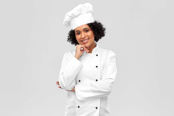 Cozinha Culinária Conceito Pessoas Feliz Sorridente Chef Feminino Toque Branco — Fotografia de Stock