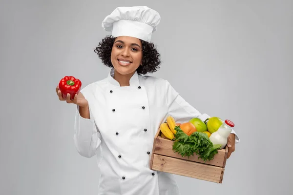 Cozinha Culinária Conceito Pessoas Feliz Sorridente Chef Feminino Toque Segurando — Fotografia de Stock