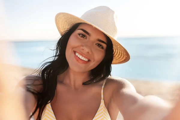 Pessoas Verão Conceito Roupa Banho Feliz Sorrindo Jovem Mulher Biquíni — Fotografia de Stock