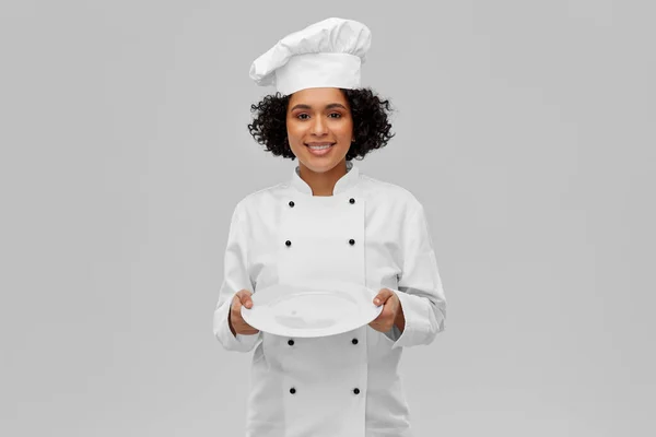 Cozinha Culinária Conceito Pessoas Feliz Sorridente Chef Feminino Toque Branco — Fotografia de Stock