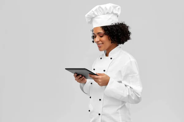 Cozinha Culinária Conceito Pessoas Feliz Sorridente Chef Feminino Toque Jaqueta — Fotografia de Stock