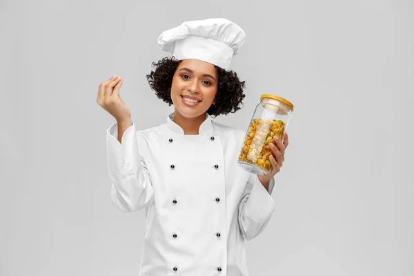 Cooking Culinary People Concept Happy Smiling Female Chef Holding Jar — Fotografia de Stock
