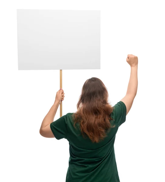 Концепція Фемінізму Прав Людини Жінка Плакатом Протестує Демонстрації Білому Тлі — стокове фото