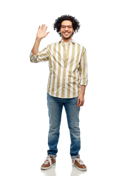 Mensen Mode Concept Gelukkig Glimlachende Man Bril Zwaaien Hand Witte — Stockfoto