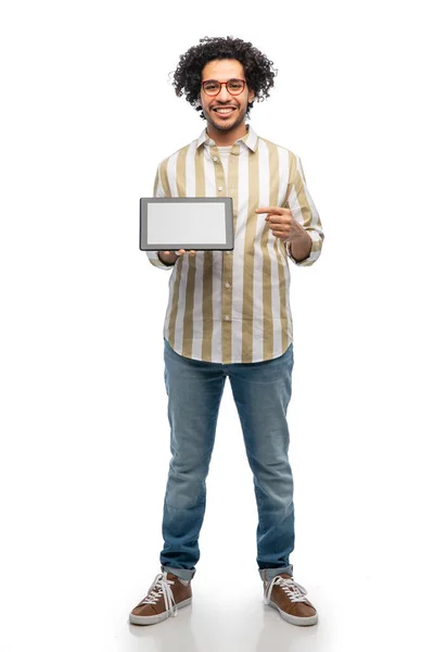 Technology People Concept Happy Young Man Glasses Tablet Computer White — Fotografia de Stock