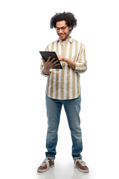 Technology People Concept Happy Young Man Glasses Tablet Computer White — Stockfoto