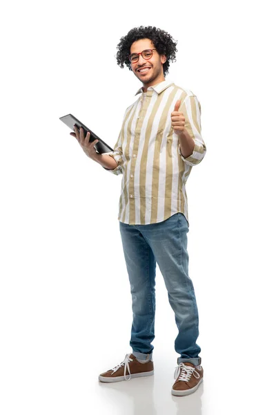 Technology People Concept Happy Young Man Glasses Tablet Computer Showing — Stockfoto