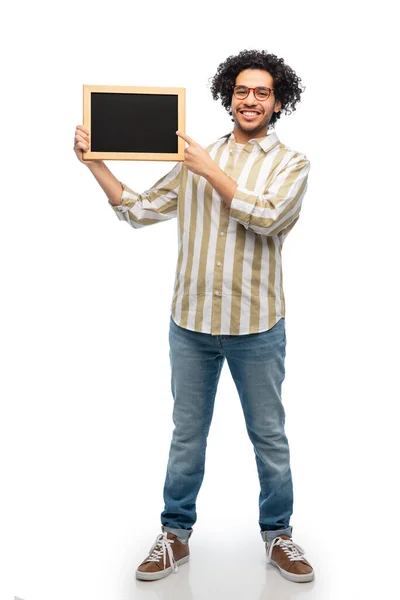 People Concept Smiling Young Man Glasses Holding Chalkboard White Background — Photo