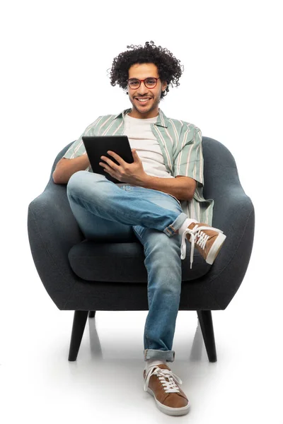 People Furniture Concept Happy Smiling Young Man Glasses Tablet Computer — Stok fotoğraf