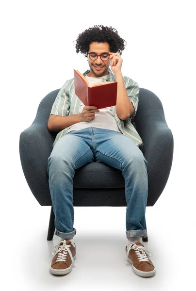 People Furniture Concept Happy Smiling Young Man Glasses Reading Book — Stock Photo, Image