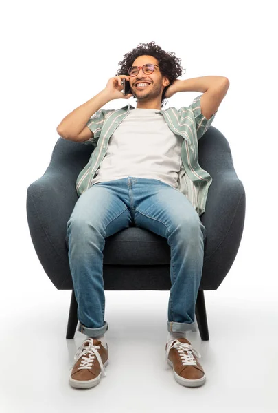 People Furniture Concept Happy Smiling Young Man Glasses Sitting Chair — Zdjęcie stockowe