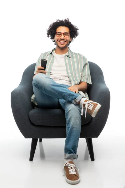 Leisure People Furniture Concept Happy Smiling Young Man Glasses Remote — Foto Stock