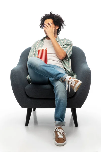 Cinema Leisure Entertainment Concept Scared Man Popcorn Watching Movie Sitting — Stockfoto